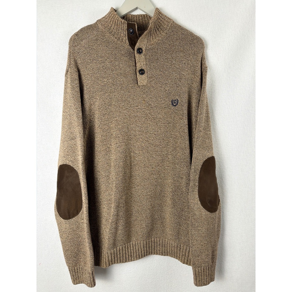 Chaps Mens XL Tan Marl Cotton Mock Neck Button Sweater Elbow Patches Academia
